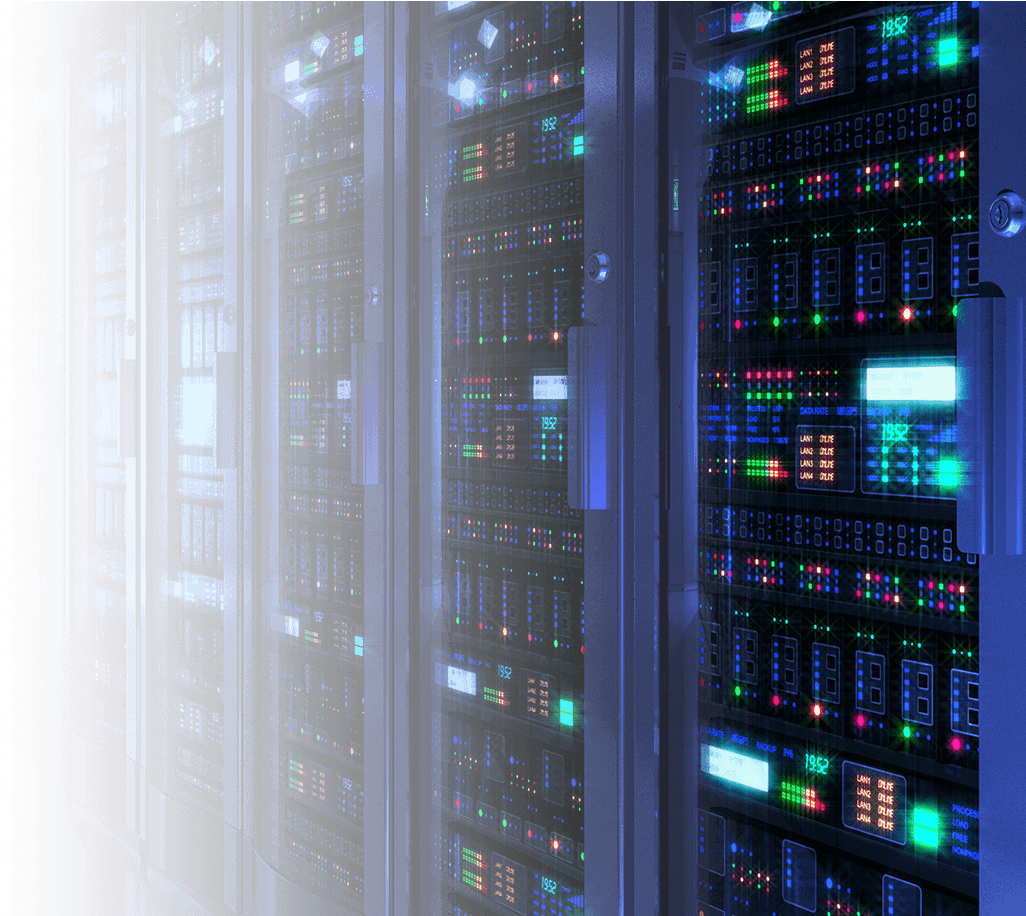 Modern data center with advanced server infrastructure featuring colorful LED indicators and high-tech computing equipment